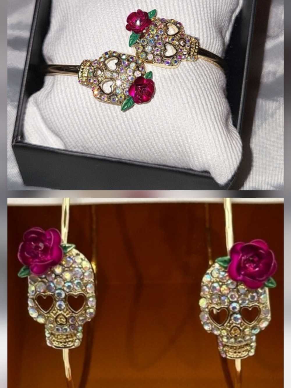 Gold Tone Rhinestone Sugar Skull Bracelet and Earrings Set with Pink Roses Hs M